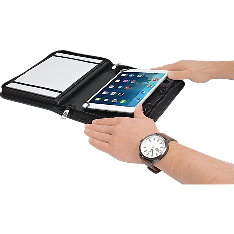 Person holding tablet in a black case. The display is on, showing apps. A watch is on the wrist.