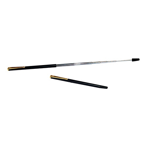 Ein ausziehbarer Teleskop-Zeigestab in Schwarz mit Goldclip, daneben ein zweiter, geschlossener Stab.