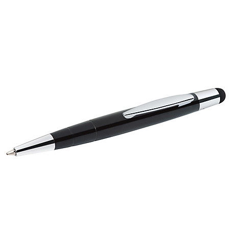 Schwarzer Kugelschreiber mit silberfarbenen Details und einem Touchscreen-Stift.