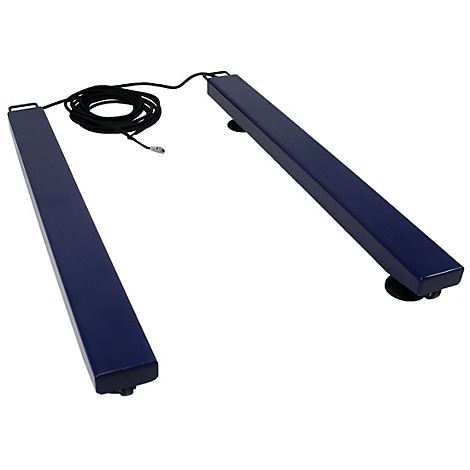 Blauwe industriële weegschaal met twee treden en zwarte kabel.