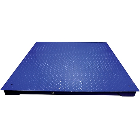 Blauwe industriële weegschaal met een patroon van geruite platen. De weegschaal staat op een witte achtergrond.