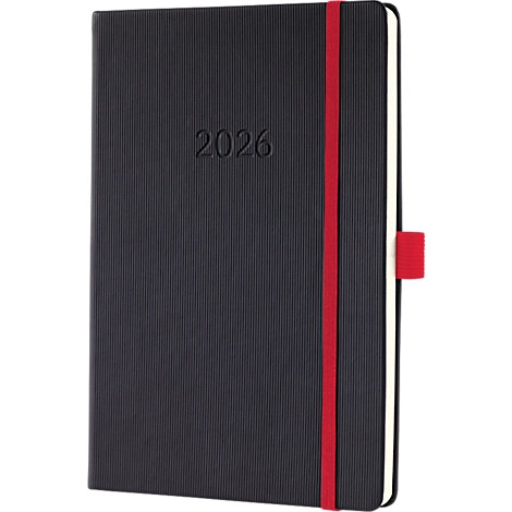 Zwart notitieboek met rode elastische band en het jaartal '2026' in reliëf.