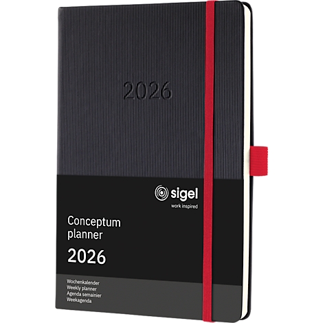 Zwarte Conceptum planner 2026. Met rode bladwijzer en sluiting. Op de cover staat "2026" en de merknaam "sigel".