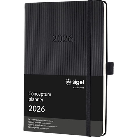 Zwart notitieboek met het jaar 2026 in reliëf, elastiek en 'Conceptum planner' opdruk.