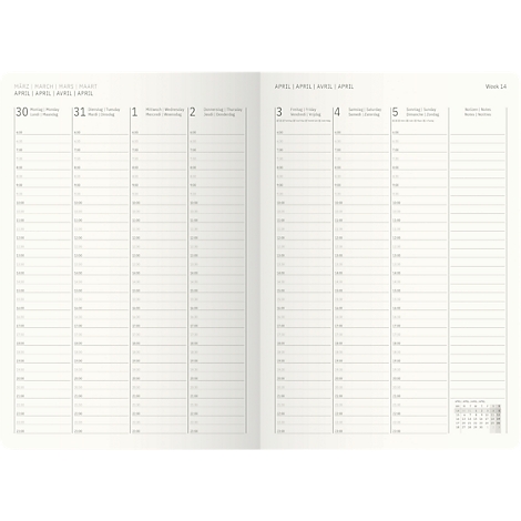 Open dubbele pagina van een weekplanner. Aan de linkerkant staan de data van 30 en 31 april, aan de rechterkant de data van 3 tot en met 5 april, evenals een kleine kalender.