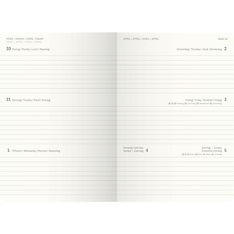 Open dubbele pagina van een kalender met gelinieerde pagina's en data. Boven staat "April", daaronder staan de dagen van de week, gedateerd van 30 maart tot 5 april.