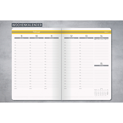 Open weekkalender met afspraken, grijze achtergrond en gele markeringen.