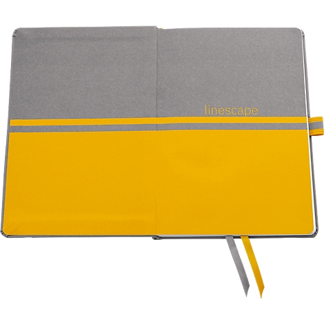 Grijs notitieboek met gele streep en bijpassende kleurmarkeringen. Opschrift 'linescape'.