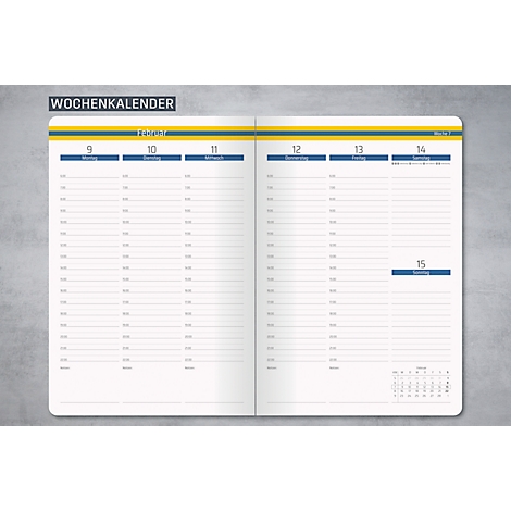 Geopende weekkalender, met dagen van 9 tot 15 februari. Blauwe en gele accenten benadrukken de datums en koppen.