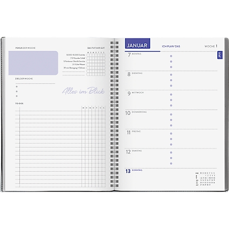 An open notebook shows a weekly overview for January with gray and blue elements.