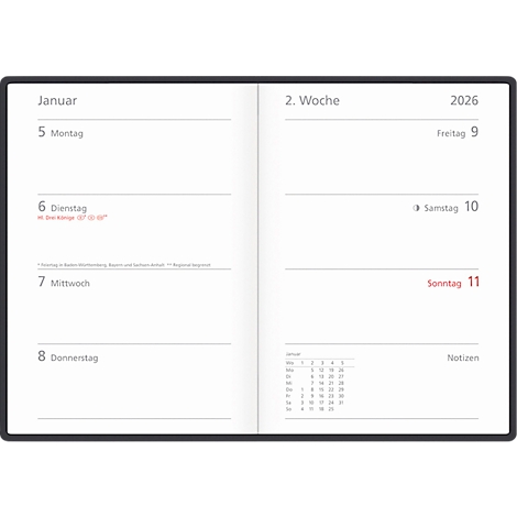 An open notebook displays a calendar view for the 2nd week of 2026. The left side shows Monday to Thursday, the right side shows Friday, Saturday, and Sunday.