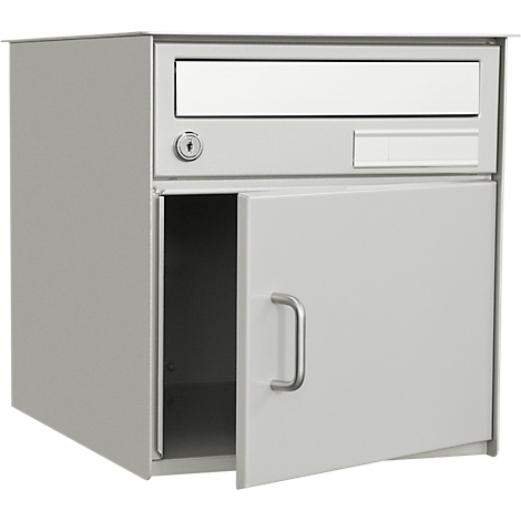 A gray mailbox, the bottom door is open. Above is a slot and a nameplate.