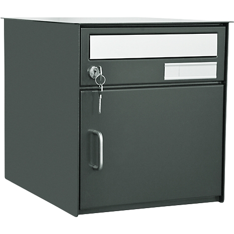Dark gray mailbox, an opening slot at the top, and a lockable door with a handle at the bottom.