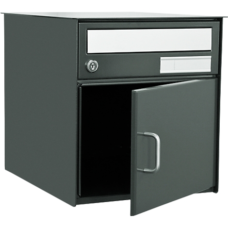 Dark gray mailbox, open door. Top slot, door with handle below. Key lock visible.