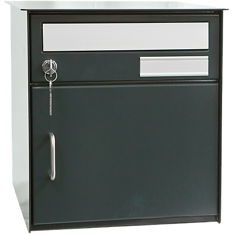 Dark gray mailbox with slot and door. Key in lock, stainless steel handle.