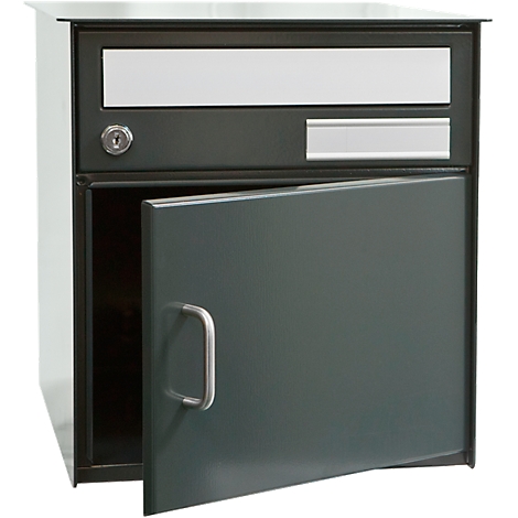 Gray, angular mailbox with open door. Top slot, below a nameplate.