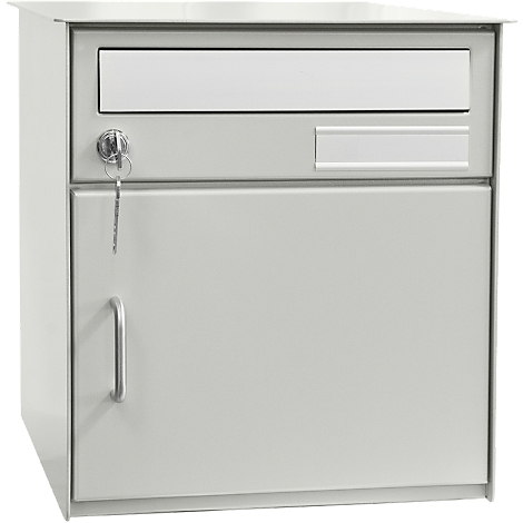 Grey metal mailbox with lock, key and door. Top slot, nameplate below.