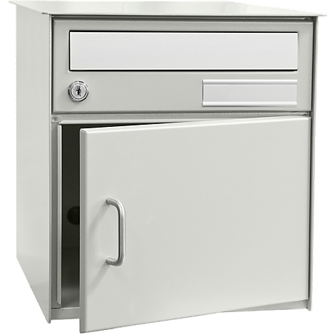 Light gray mailbox, door open. Upper flap for mail, below a door with handle.