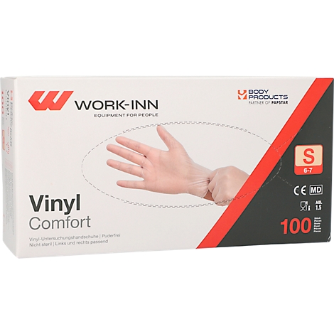 Een doosje vinyl onderzoekshandschoenen, er wordt een hand getoond. Op de doos staat "Work-Inn", "Vinyl Comfort", "S 6-7", 100.