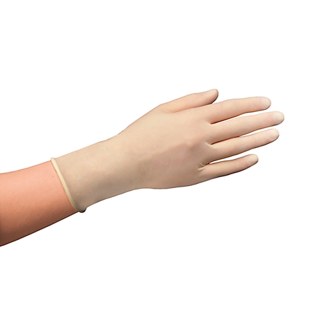 Een hand met een beige wegwerphandschoen tegen een witte achtergrond.