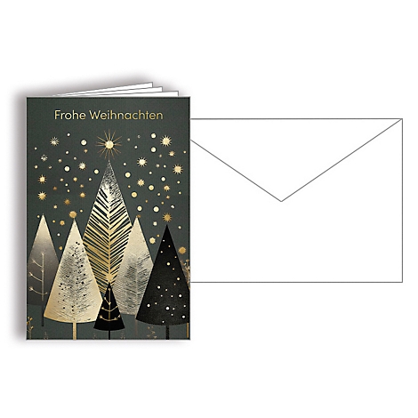 Weihnachtskarten mit Bäumen und Schriftzug 'Frohe Weihnachten' neben einem Umschlag.