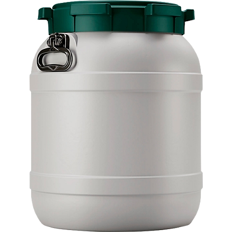 Weithalsfass, Volumen 55 l, mit Deckel/Griff, mit UN-Zertifizierung, wasserdicht, stapelbar, L 410 x B 410 x H 520 mm, R-HDPE, grau-grün