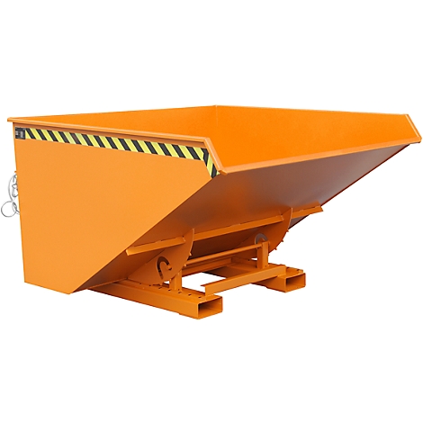 Orange tipping skip with yellow and black warning stripes, standing on a robust, yellow-orange construction.