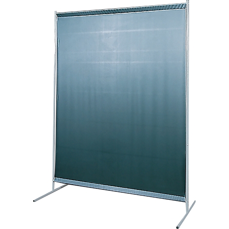 Grey, freestanding privacy screen with silver frame. The wall is opaque and slightly textured.