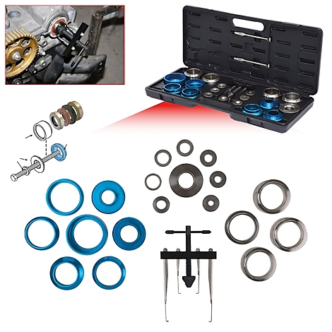 Verschiedene Dichtungsringe, Werkzeugkoffer, Montagebeispiele und Werkzeug zum Ausbau von Dichtungen.