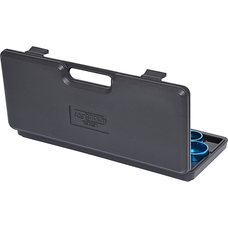 Schwarzer Werkzeugkoffer, geöffnet, mit blauem Werkzeug. Der Koffer hat einen Griff und das KS Tools Logo.