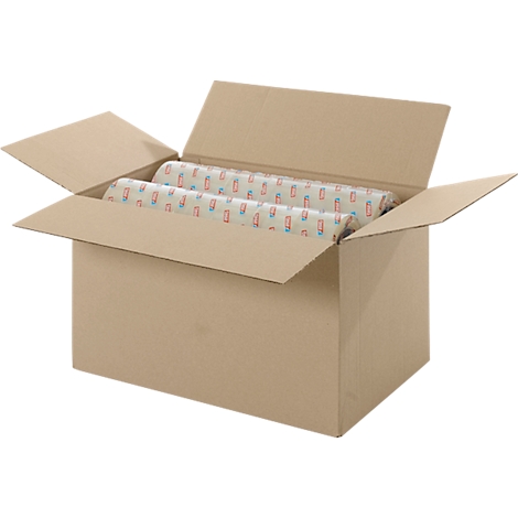 Offener Pappkarton mit zwei gerollten Papierrollen mit bunten Mustern.