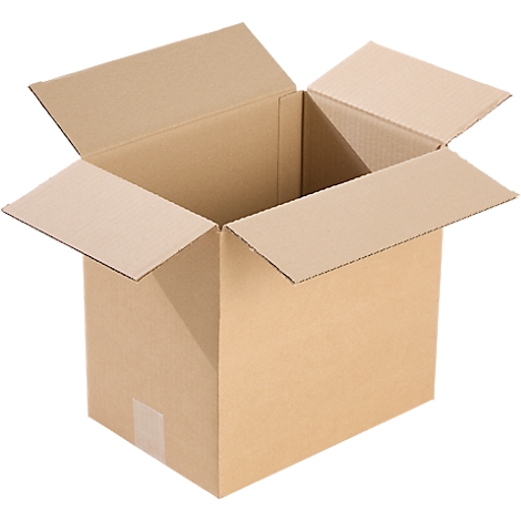 Offener, leerer Karton aus brauner Pappe. Die Klappen sind geöffnet.