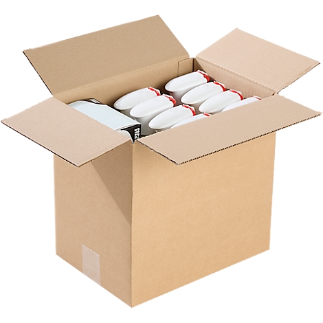 Offener Karton mit verpackten Produkten: Becher mit rotem Rand und Deckel.