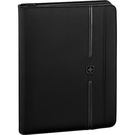 Black file folder with zipper, leather look, Swiss cross logo.