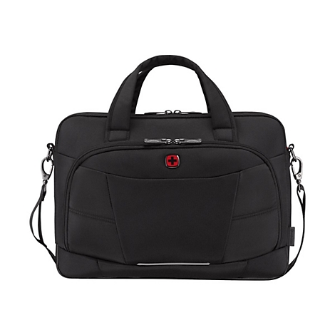 Sacoche pour ordinateur portable noire avec bandoulière, logo croix rouge.