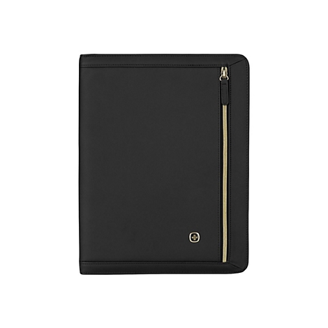 Schwarze Aktenmappe mit goldfarbenem Reißverschluss und Schweizer Kreuz.