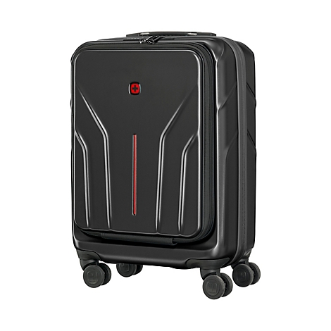 Schwarzer Koffer mit rotem Streifen und Swiss Logo. Auf weißem Hintergrund. Der Koffer hat 4 Rollen.
