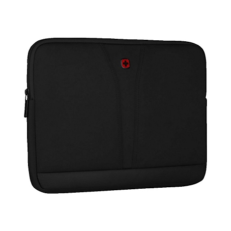 Schwarze Laptoptasche mit rotem Kreuz-Logo. Die Tasche hat einen Reißverschluss und eine untere Strukturierung.