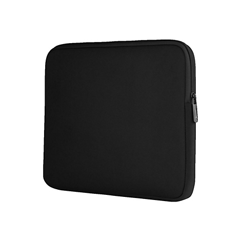 Schwarze Laptoptasche, rechteckig, Reißverschluss an der Seite, abgerundete Ecken.