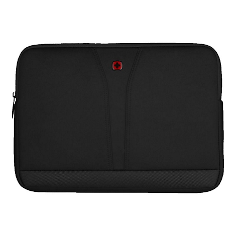 Schwarze Laptoptasche mit rotem Kreuz-Logo. Reißverschluss an der Seite, unterhalb strukturiertes Material.