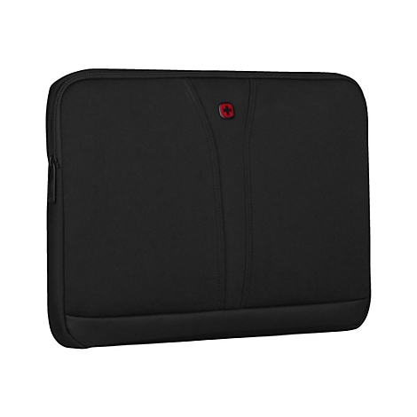 Schwarze Laptoptasche mit rotem Logo.