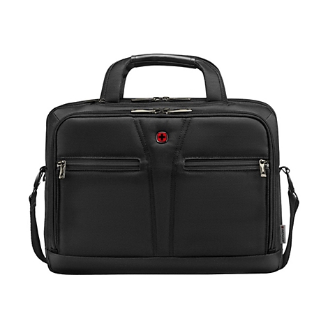 Schwarze Laptoptasche mit Tragegriff und Schulterriemen, Wenger-Logo.