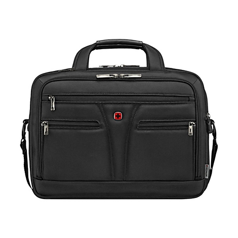 Schwarze Aktentasche mit mehreren Reißverschlusstaschen, Griff und Schweizer Kreuz Logo. Aufschrift: Wenger.