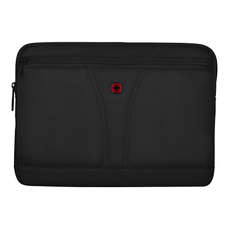 Schwarze Laptop-Hülle mit Reißverschluss und rotem Schweizer Kreuz Logo mittig.