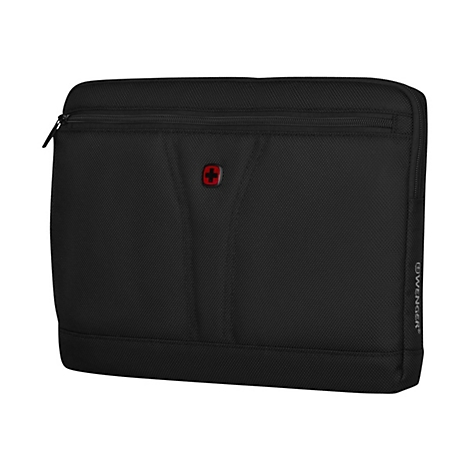 Schwarze Wenger Laptop-Tasche mit Reißverschlussfach vorne und rotem Logo vor weißem Hintergrund.