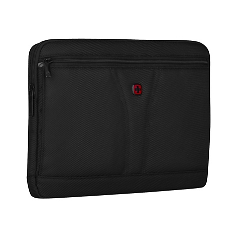 Schwarze Laptoptasche mit Reißverschluss und rotem Schweizer Kreuz Logo auf neutralem Hintergrund.