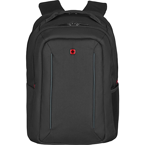 Schwarzer Rucksack mit rotem Kreuz-Logo. Blaue Ziernähte an der Front.