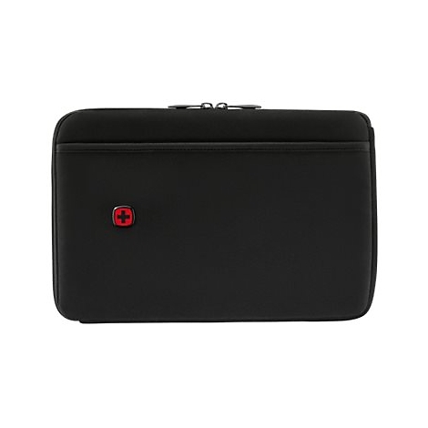Schwarze Laptoptasche mit Reißverschluss und rotem Schweizer Kreuz Logo auf weißem Hintergrund.