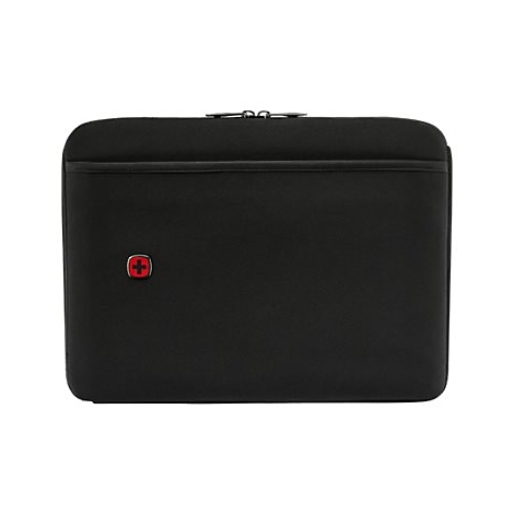Schwarze Laptop-Hülle mit abgerundeten Ecken und rotem Wenger-Logo auf der linken Seite vor weißem Hintergrund.