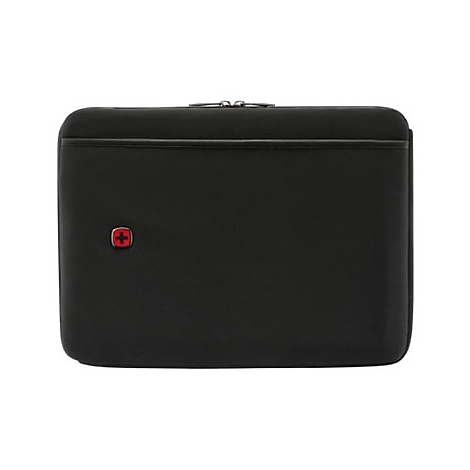 Schwarze Laptoptasche mit abgerundeten Ecken und rotem Schweizer Kreuz Logo auf weißem Grund.